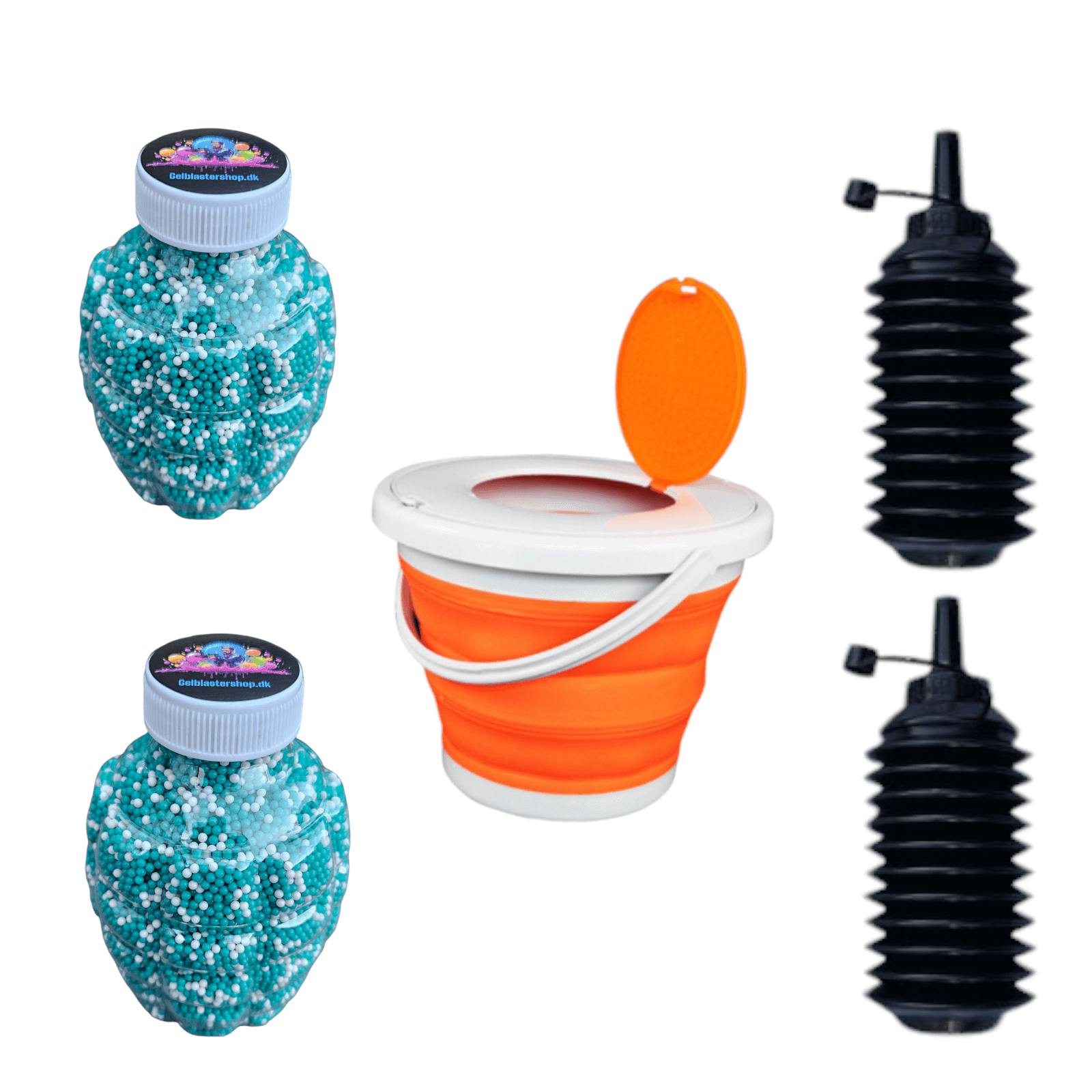 Gelball Start Pack Bundle with two gel blaster balls, a 5-liter bucket, and two turbo loaders.