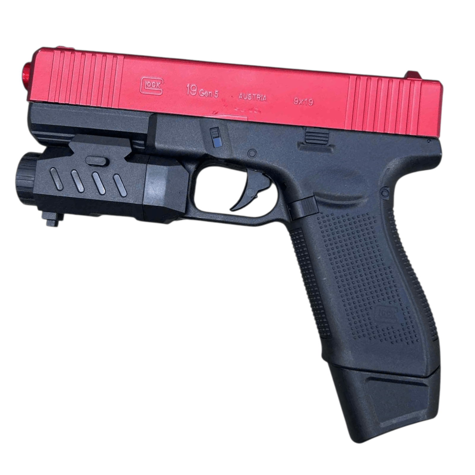 Gelblaster Glock 19 Gen5 Red gel shooter with tactical design and enhanced performance features.
