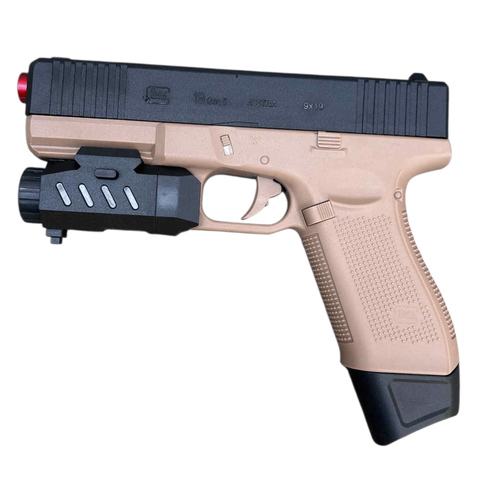 Glock 19 Gen5 sand-colored gel shooter with tactical light attachment for innovative play.