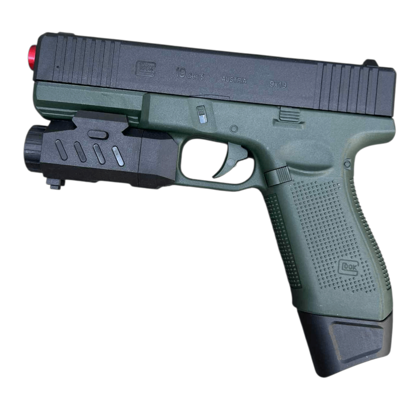 Gelblaster Glock 19 Gen5 in green nylon with tactical design and flashlight attachment.