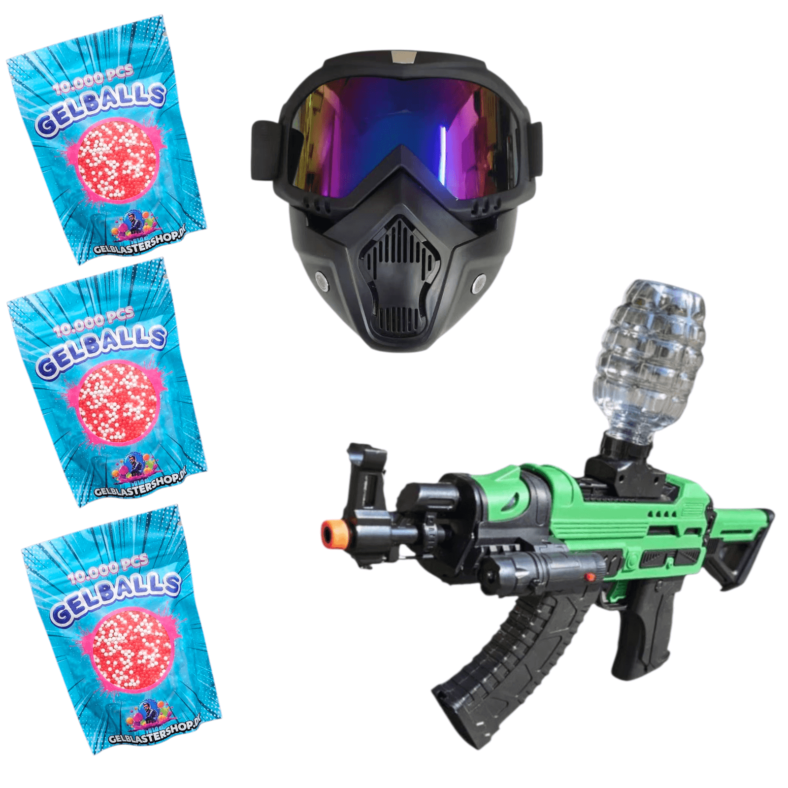 Shark Attack Start Pack featuring a green gel blaster, protective mask, and gel balls for exciting gameplay.