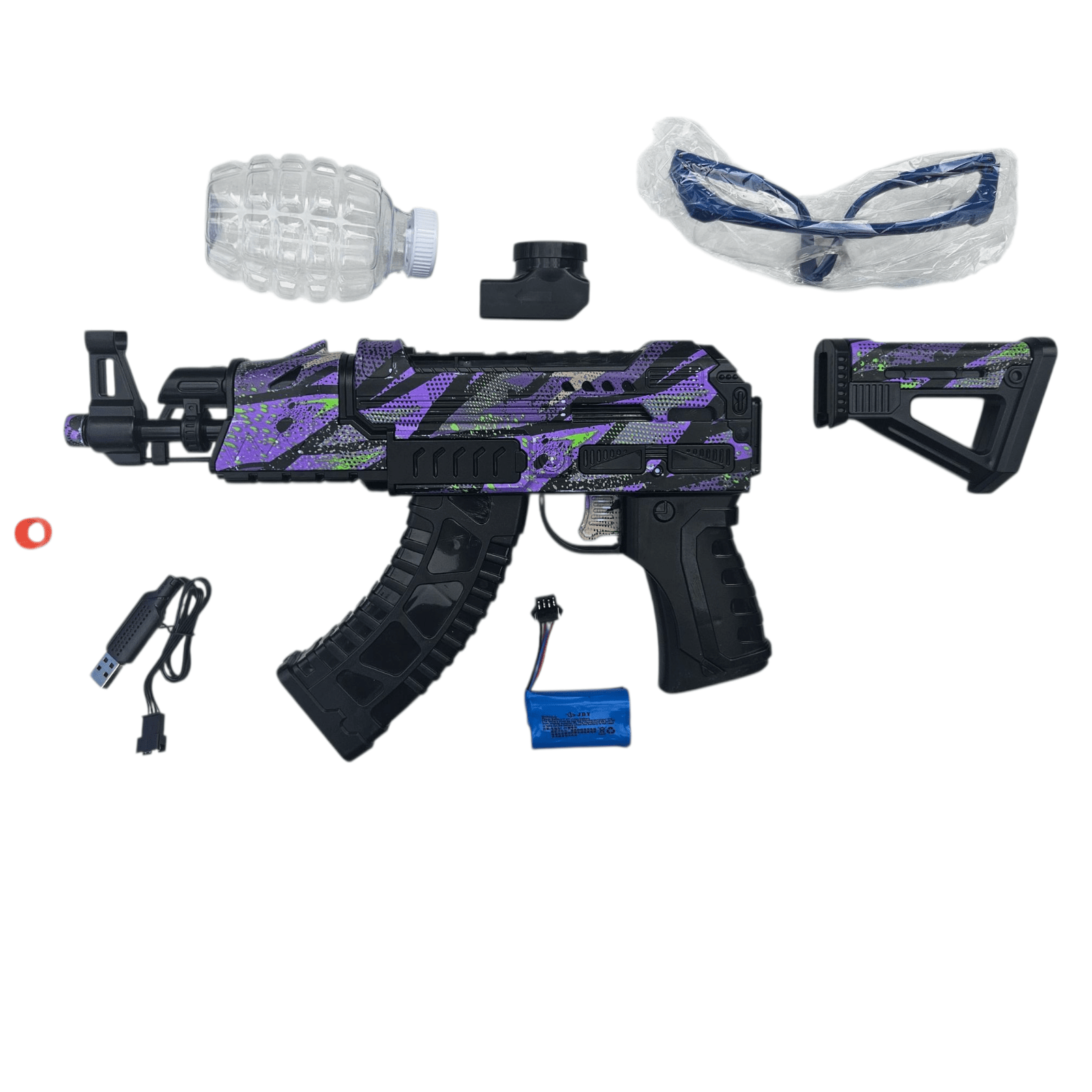 "AK Shark Gel Blaster i purple camouflage med tilbehør: batteri, oplader, vandflaske og beskyttelsesbriller."