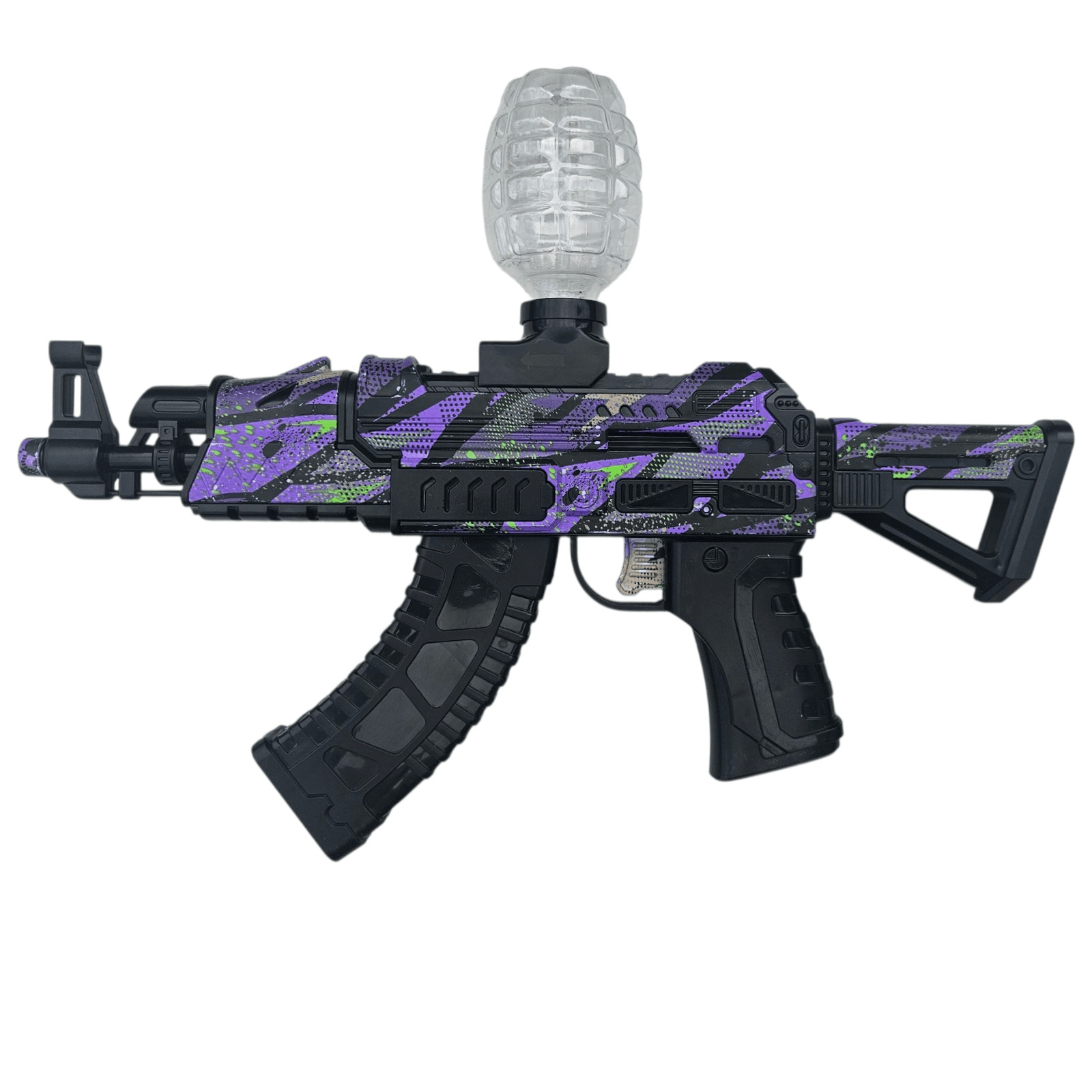 "AK Shark Gel Blaster i purple camouflage design med gennemsigtig magasin på toppen på toppen."