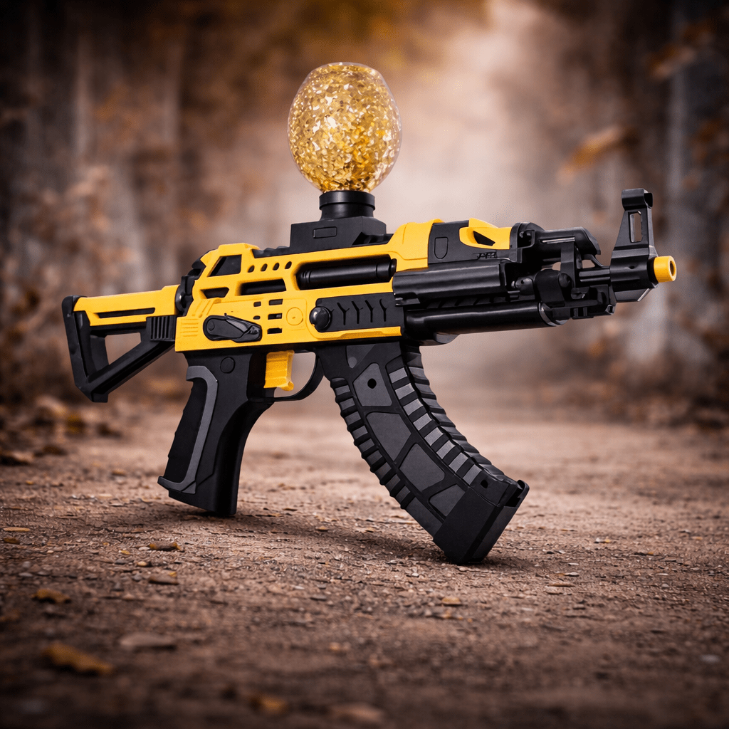 Ak Shark Yellow Gel Blaster design showcasing its unique features and vibrant yellow color in an outdoor setting.