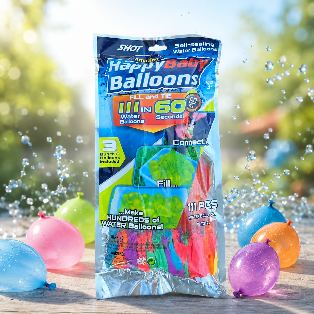 Amazing HappyBaby Balloons – Selvlukkende Vandballoner (111 stk.) – tilbehør til gel blaster og udendørs aktiviteter
