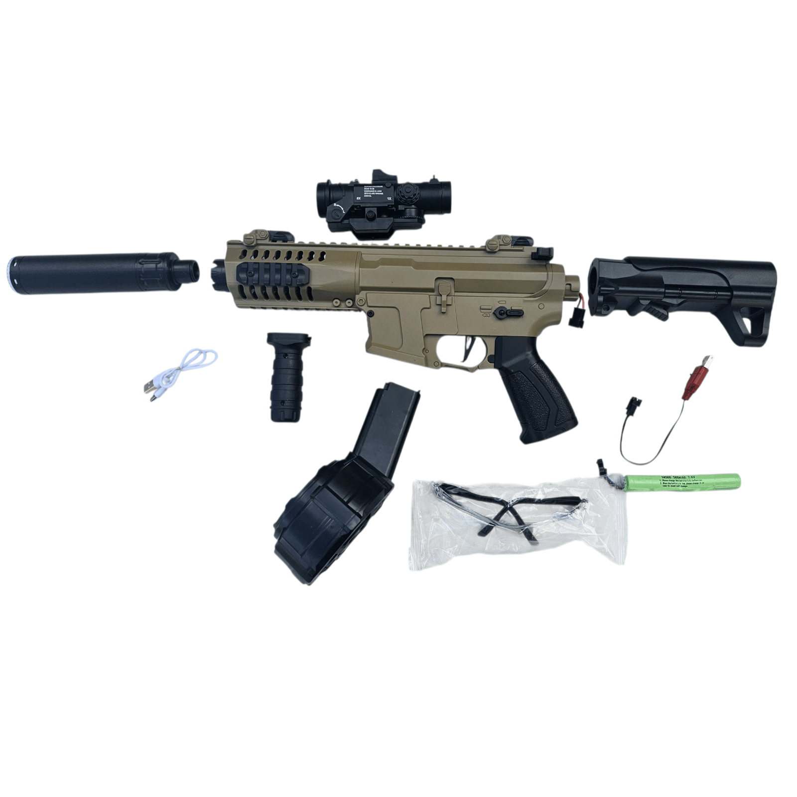 "ARP Gel Blaster – Sand Edition med tracer-effekt, kompakt design og inkluderede accessories."