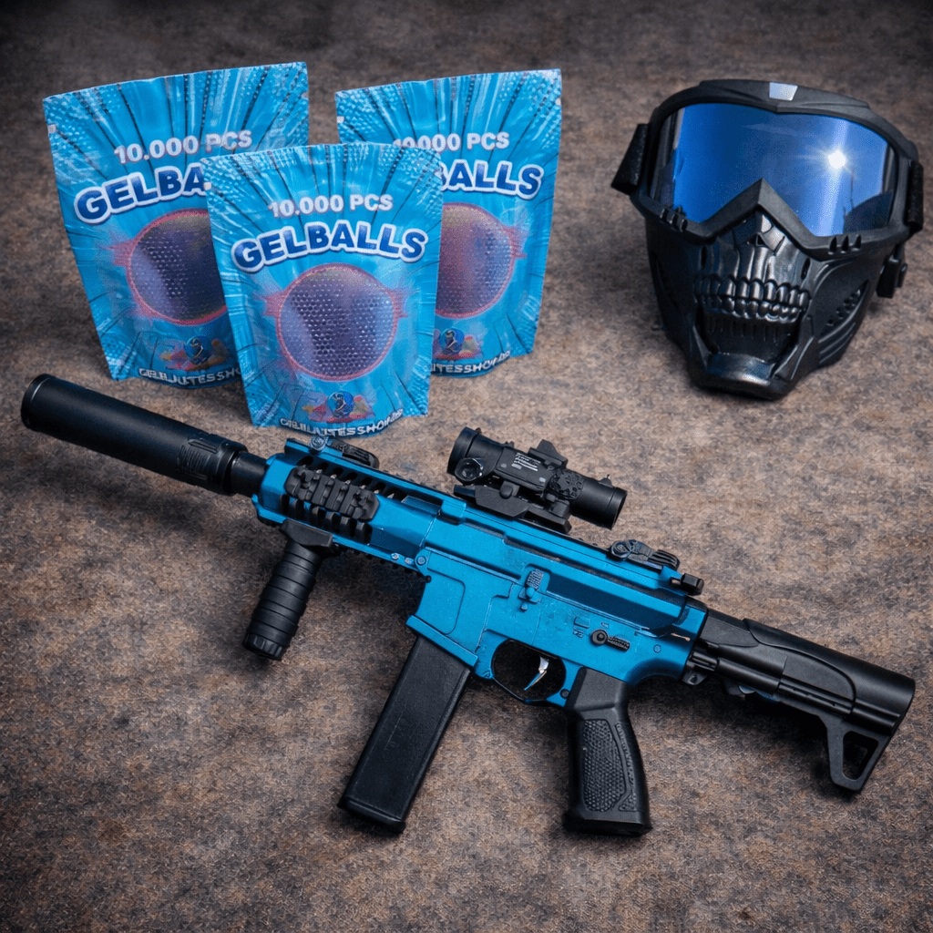 Chameleon Gelblaster Combo Set - blåt gelblaster gevær med skeletmaske og gelball pakker.