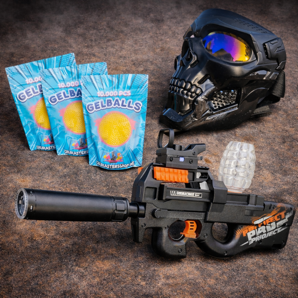 Gel blaster P90 med lyddemper, skull maske og gelkugler – komplet udstyr fra Gelblastershop.dk
