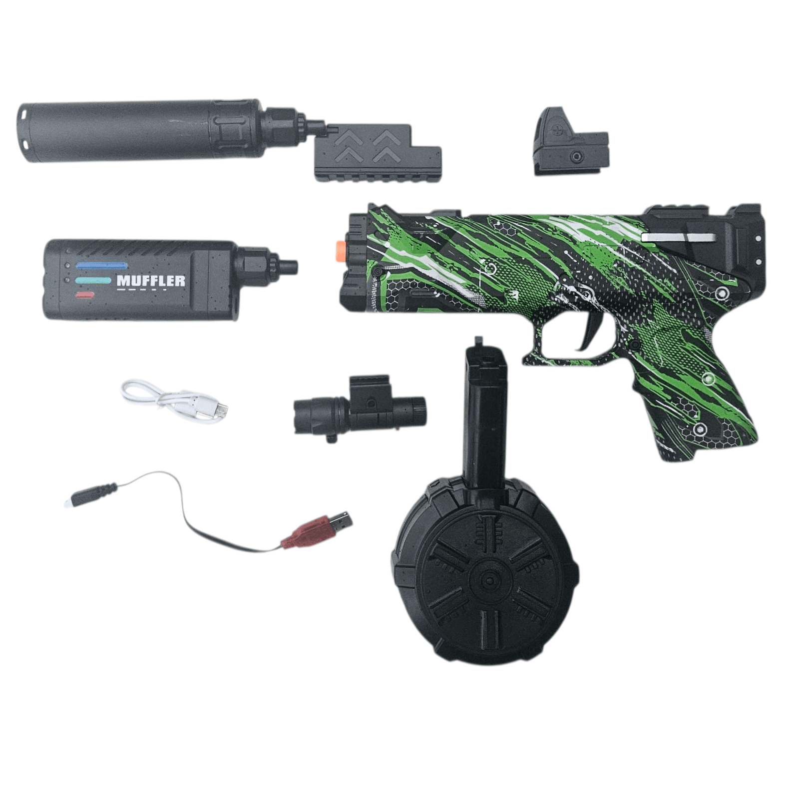 Fire Rat Gel Blaster Grøn Edition med udstyr, inkl. muffler og magasiner i graffiti-look.