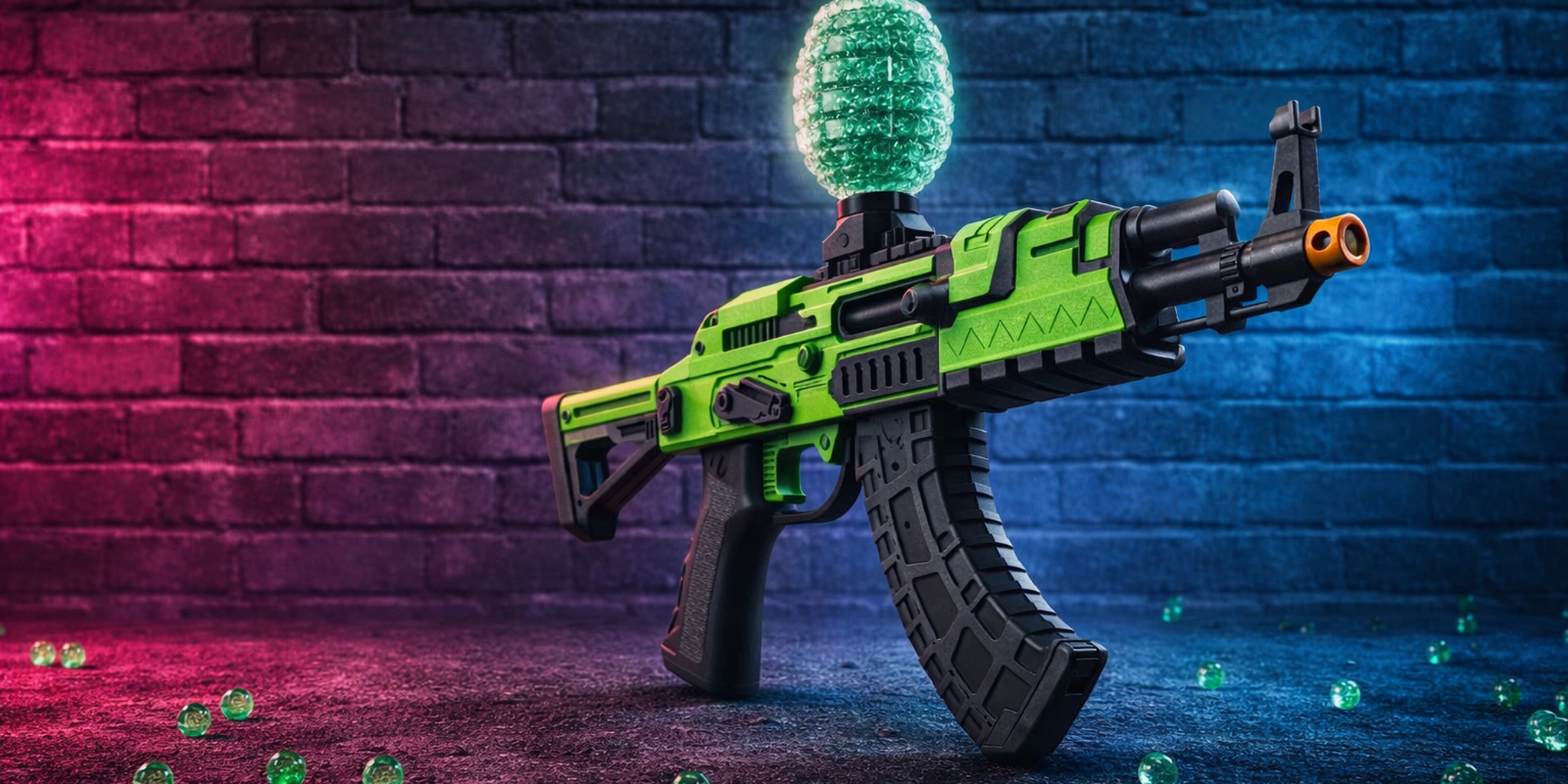 Gel blaster AK model med grøn farve og gelkugler – køb online hos Gelblastershop.dk
