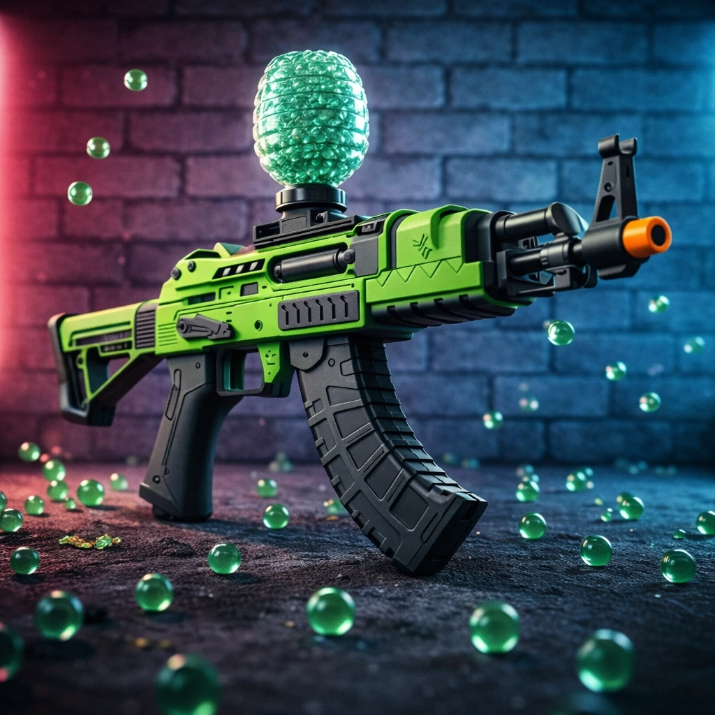 Gel blaster AK model med grøn farve og gelkugler – køb online hos Gelblastershop.dk
