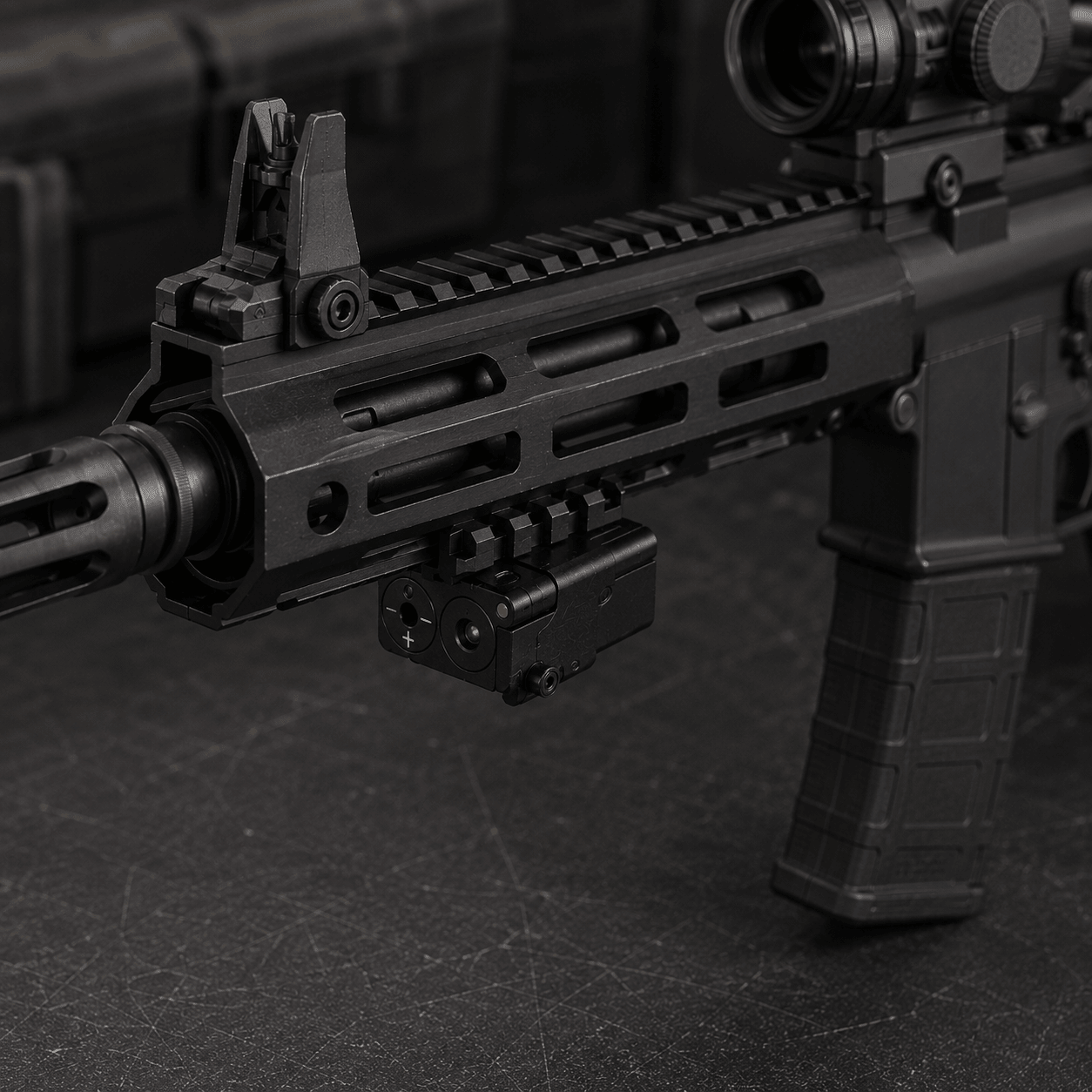Green Precision Metal Edition til Gel Blaster close-up view of tactical rail with accessories.