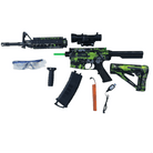 Green Vortex X4 Gel Blaster sæt med tilbehør: beskyttelsesbriller, magasin og opladningsudstyr."