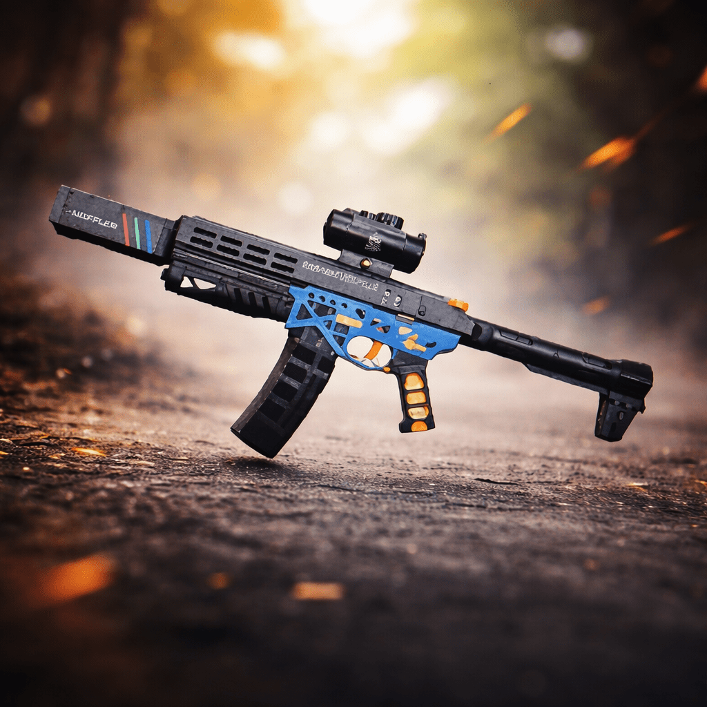 MK-6 Luminous Blue Gel Blaster mid-action shot on a dynamic outdoor background.