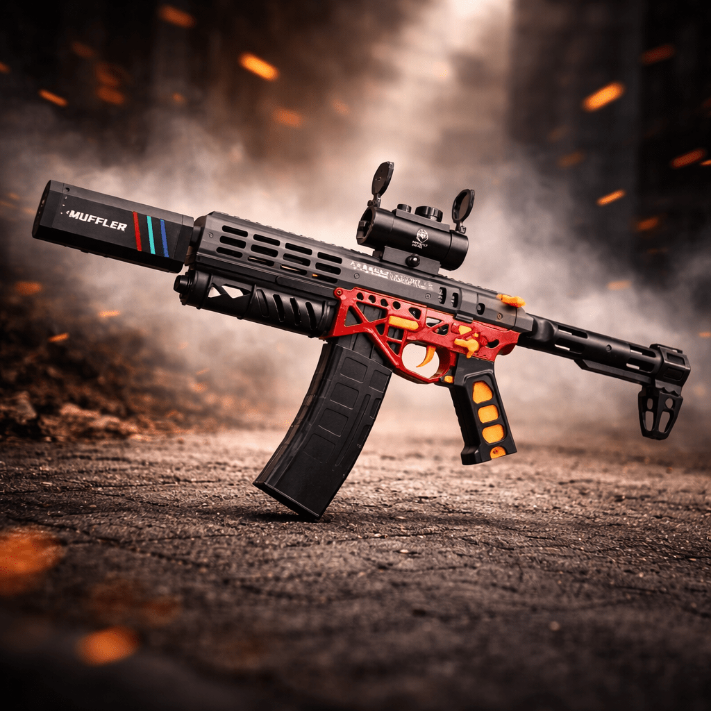 MK6 Luminous Red Heat Gel Blaster in a dynamic outdoor setting with vibrant colors.