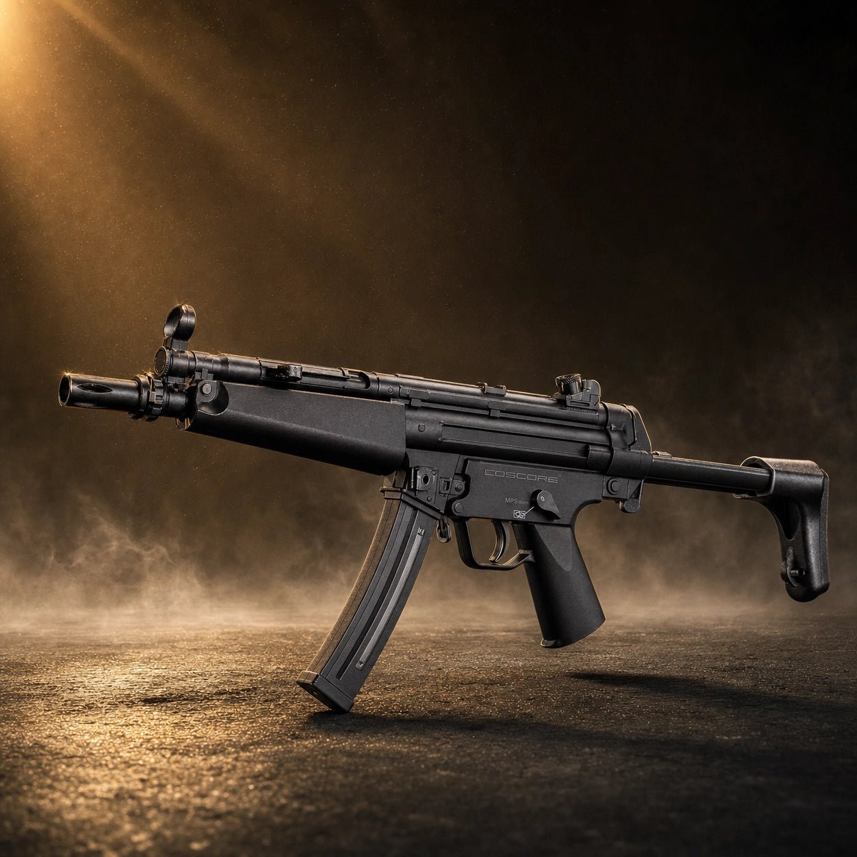 MP5 Cyma JD-102-3 Pro gel blaster showcased in dramatic lighting, highlighting its design and features.