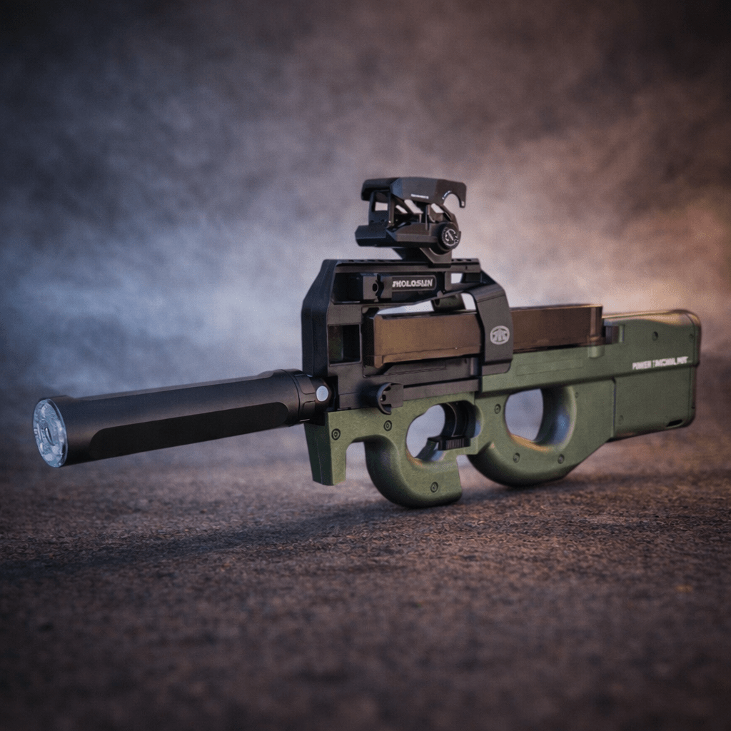 P90 Gel Blaster Green Gen3 TopModel set against a dramatic background, showcasing its unique design and features.