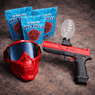 Red Reaper Loadout Gel Blaster Set with gel balls and a protective mask, showcasing safe play for kids and adults.