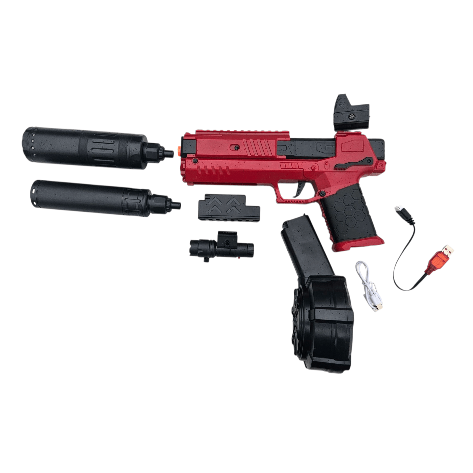 Rød Gecko Tracerlight Gel Blaster med tilbehør, inklusive lydmuffer og lysudstyr for optimal leg.