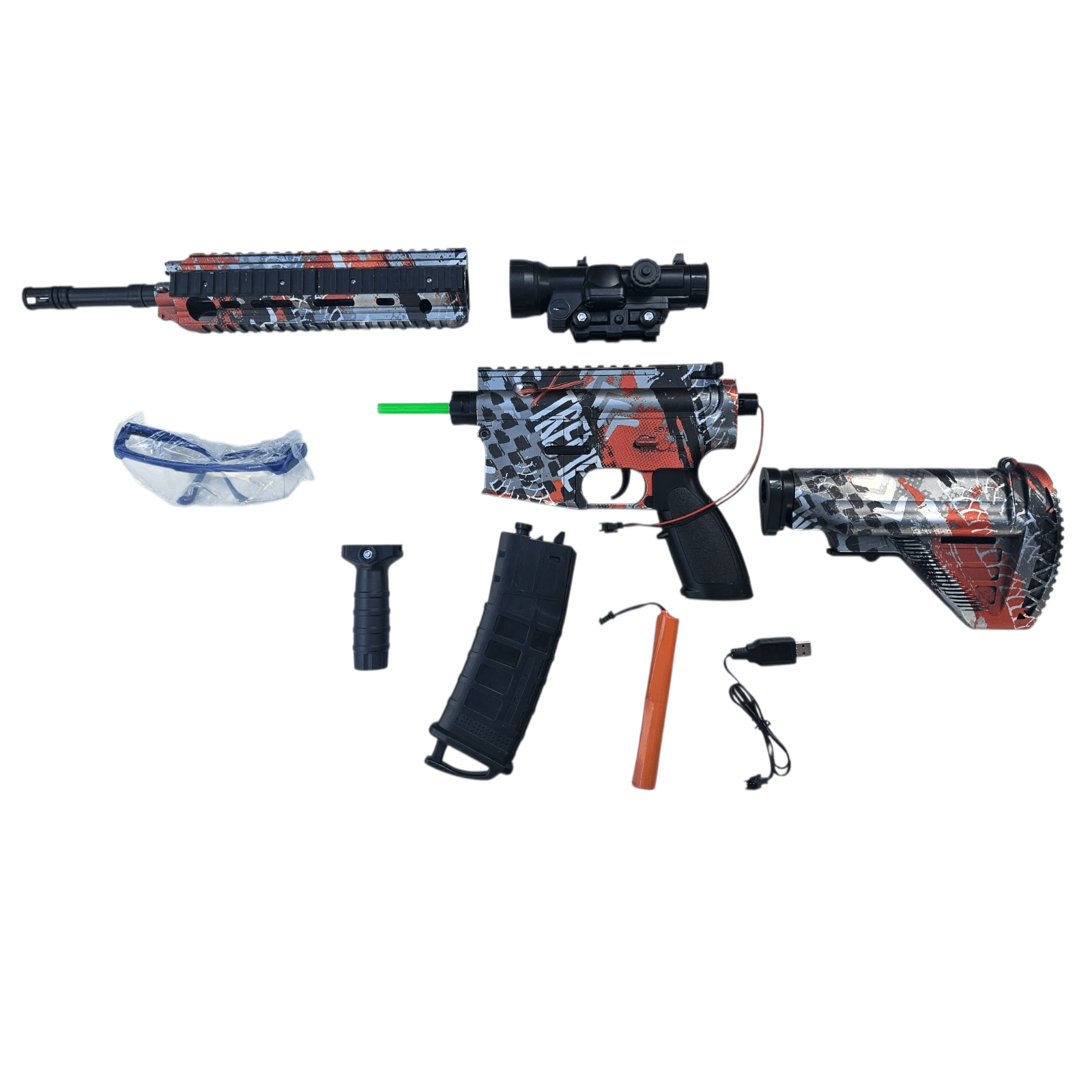 "SilverStrike X4 Gel Blaster reservedelssæt med røde og sølvfarvede designelementer samt inkluderet tilbehør."