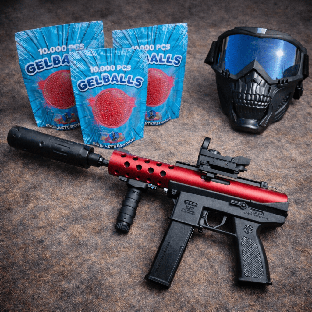 Street Inferno Set Gel Blaster Set with gel balls and tactical mask displayed on a textured surface.