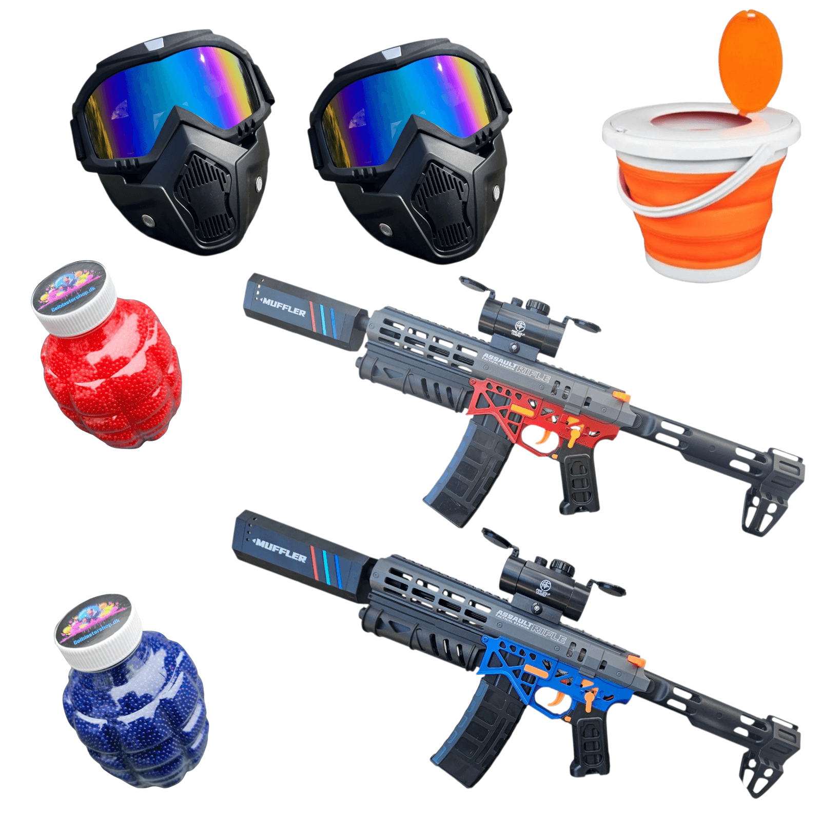 Team Ultimate Bundle with two gel blasters, protective masks, storage bucket, and gel balls.