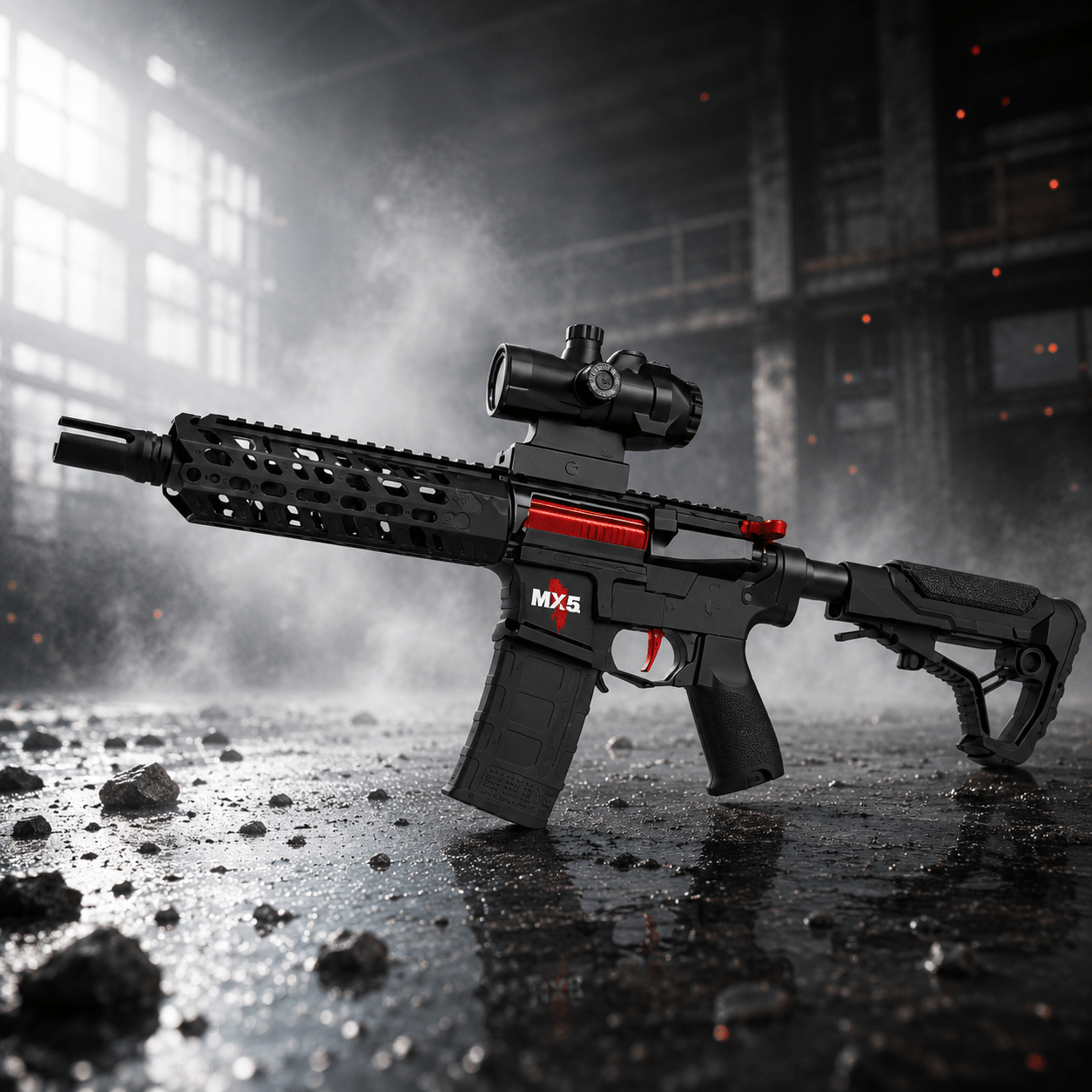 Vortex Black Urban MCX-S gel blaster with red details in an industrial setting.