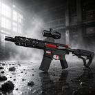 Vortex Black Urban MCX-S gel blaster with red details in an industrial setting.