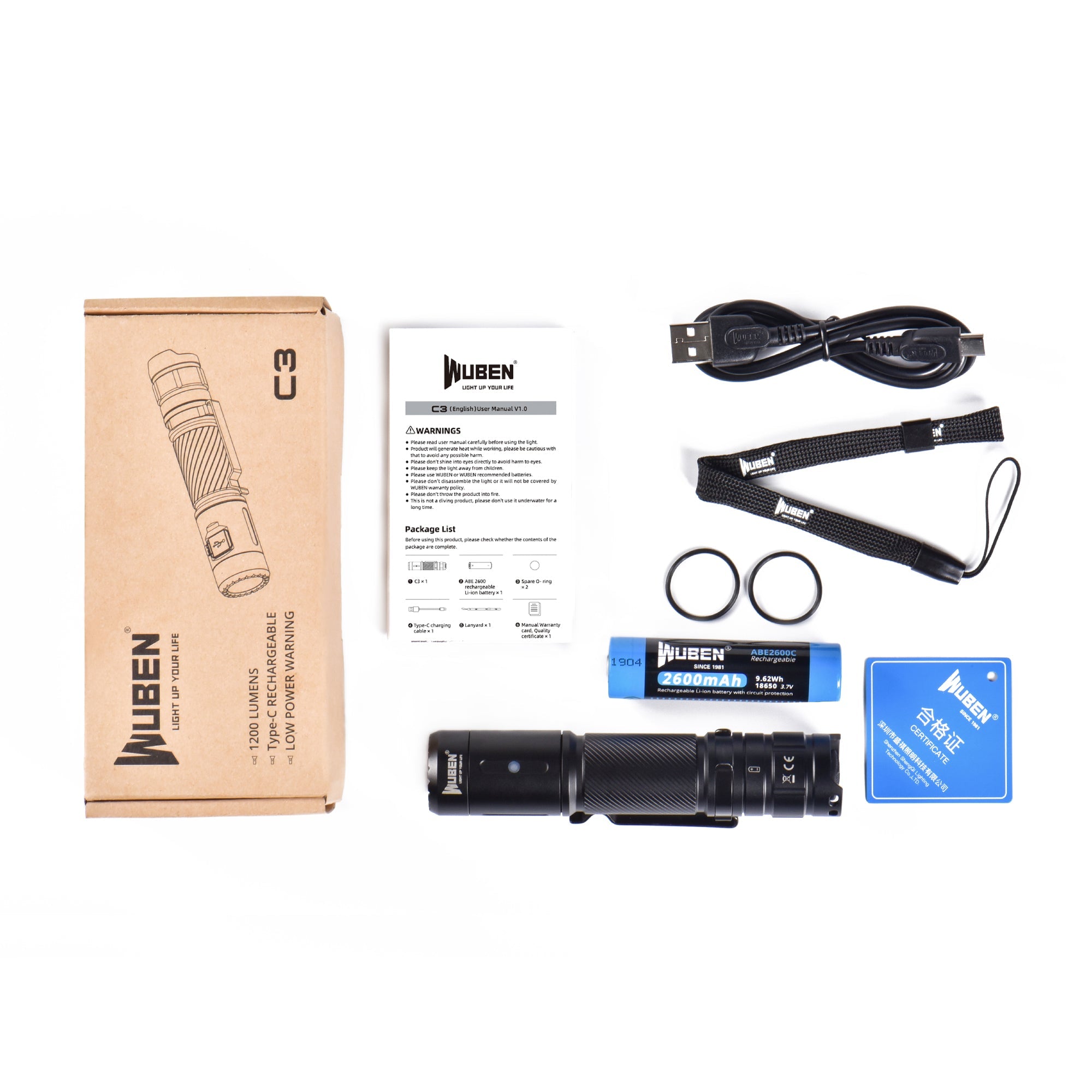 WUBEN C3 LED Lommelygte med tilbehør, USB-kabel, batteri og manual - 1200 Lumen.