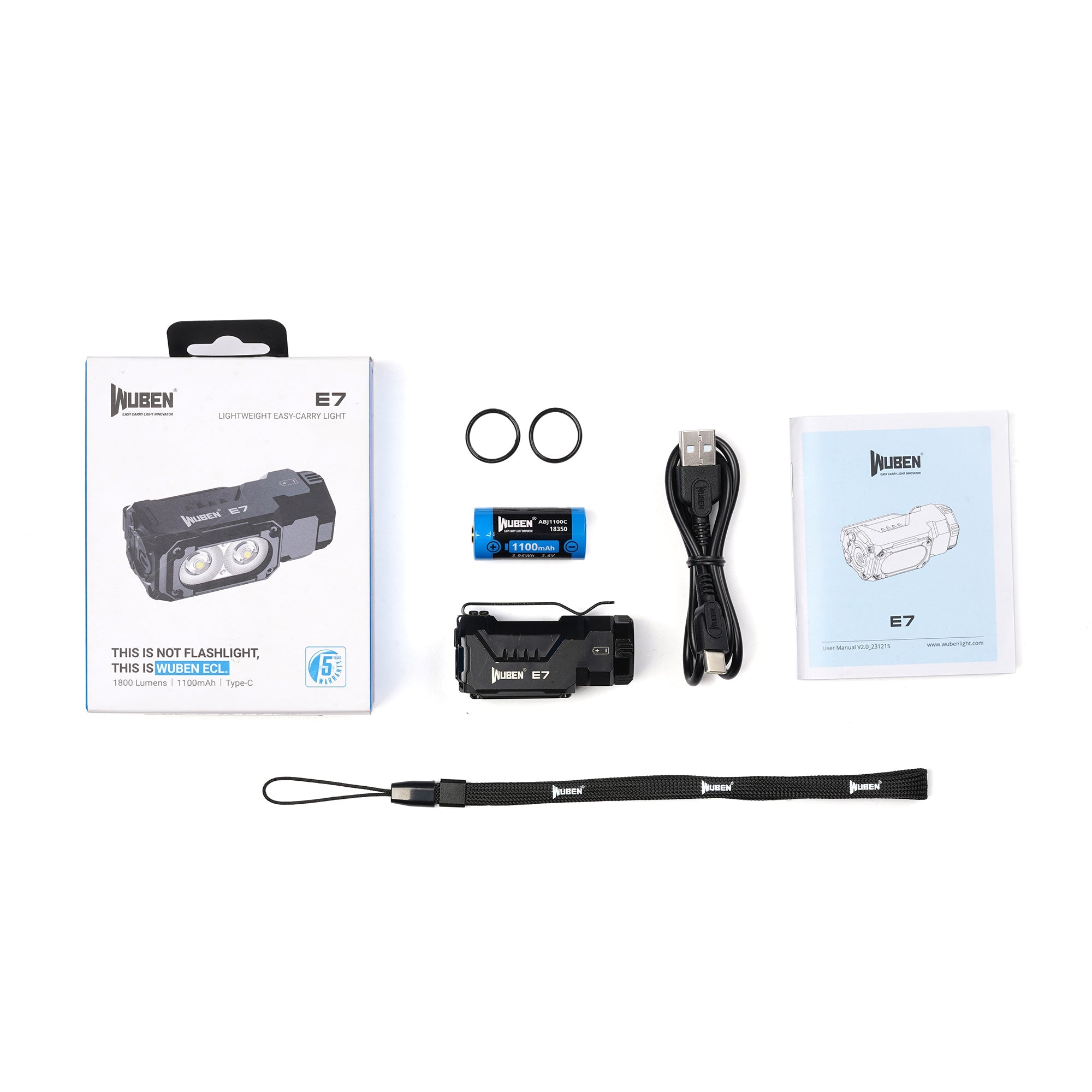 WUBEN E7 LED Lommelygte med tilbehør som USB-kabel, batteri, manual og rem, klar til brug.