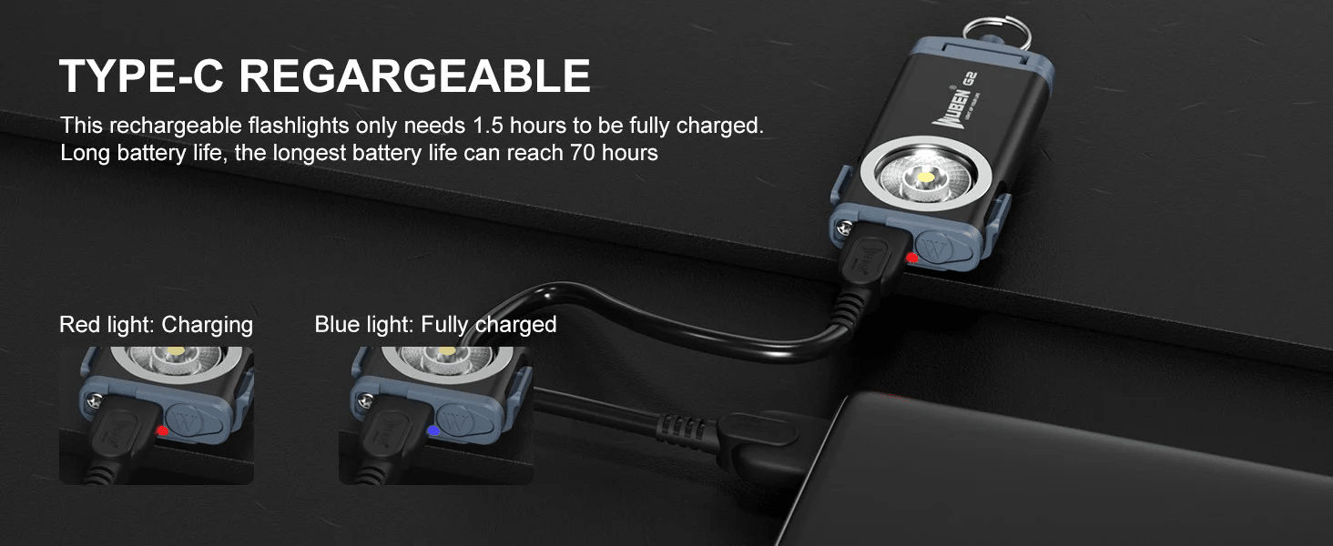 WUBEN G2 Nøgleringslygte med Type-C opladning, viser opladningsstatus med rødt og blåt lys.