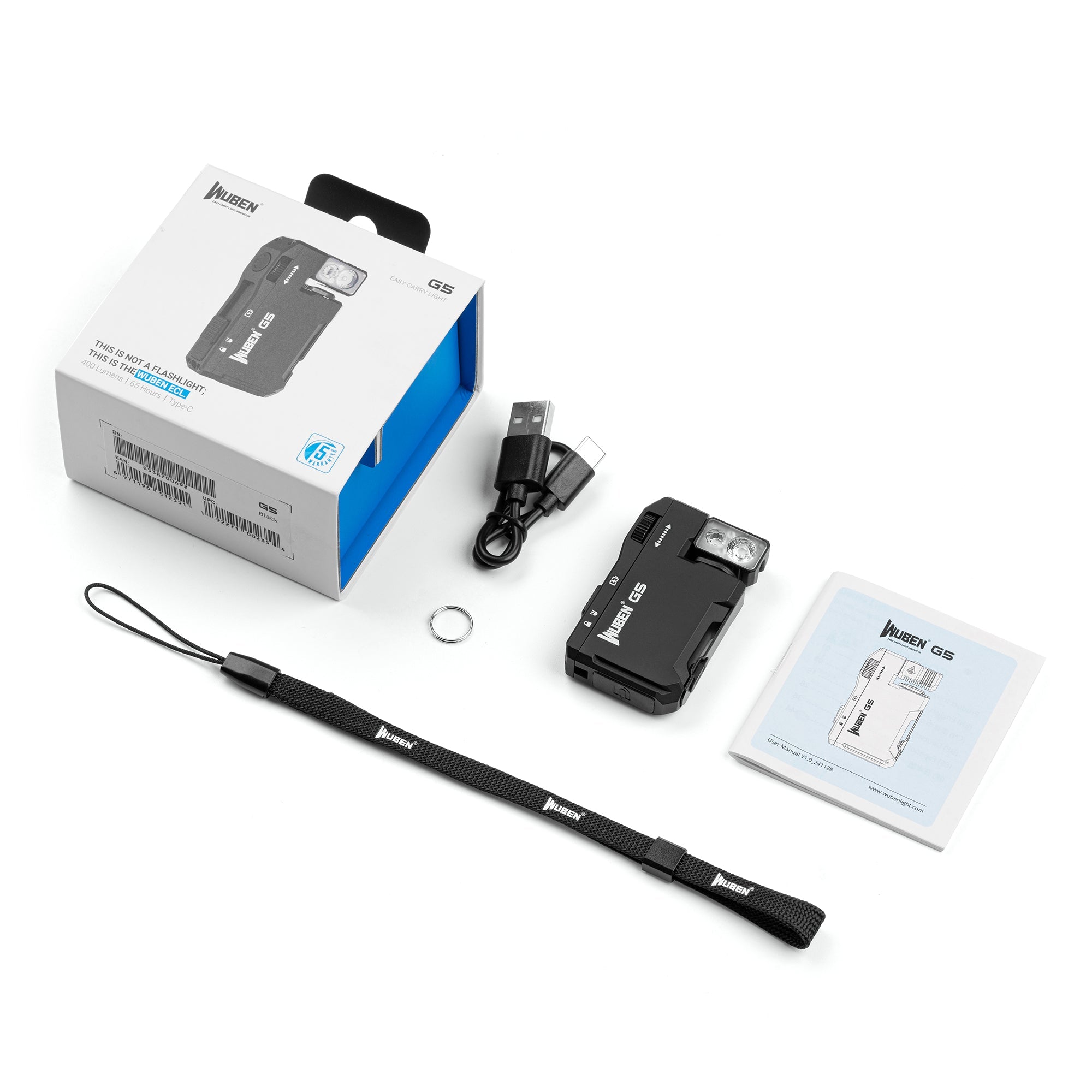 WUBEN G5 EDC LED Lommelygte med tilbehør, inklusive USB-C kabel og brugerhåndbog, i originalemballage.