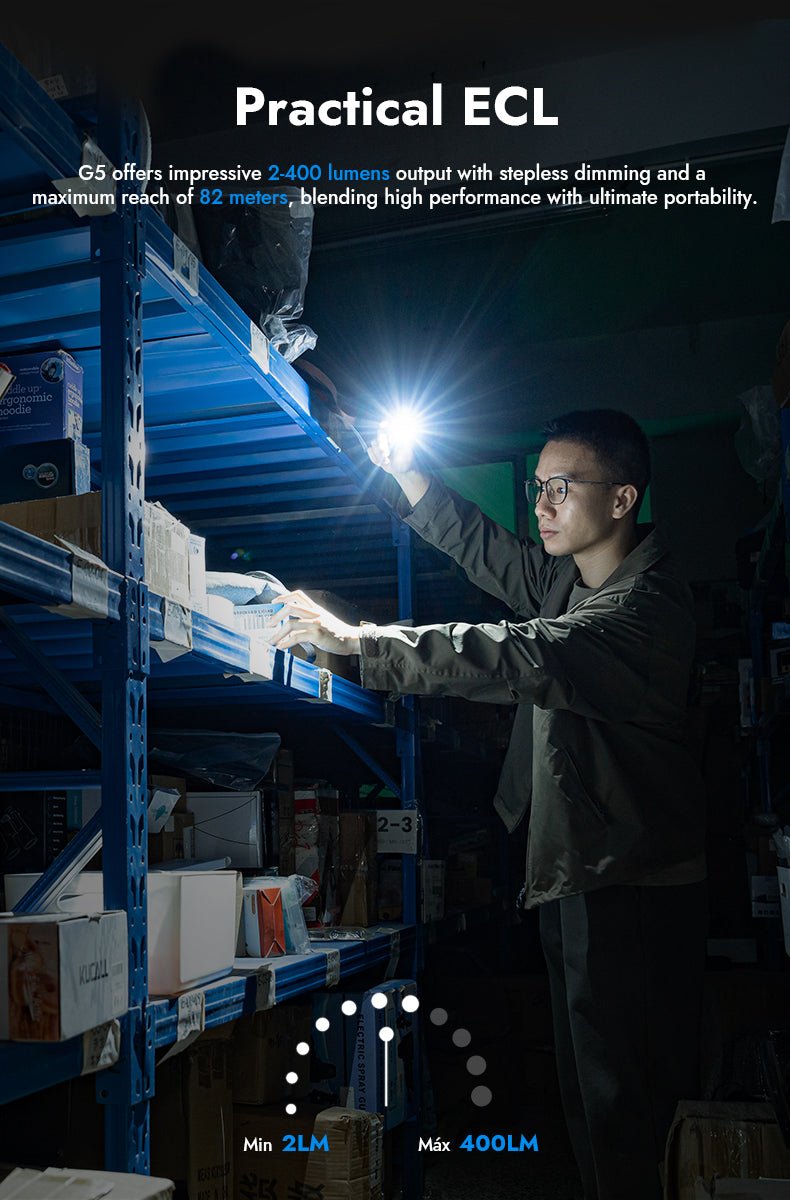 WUBEN G5 EDC LED Lommelygte i brug i et lager med 2400 lumen lysstyrke og stepless dimming.