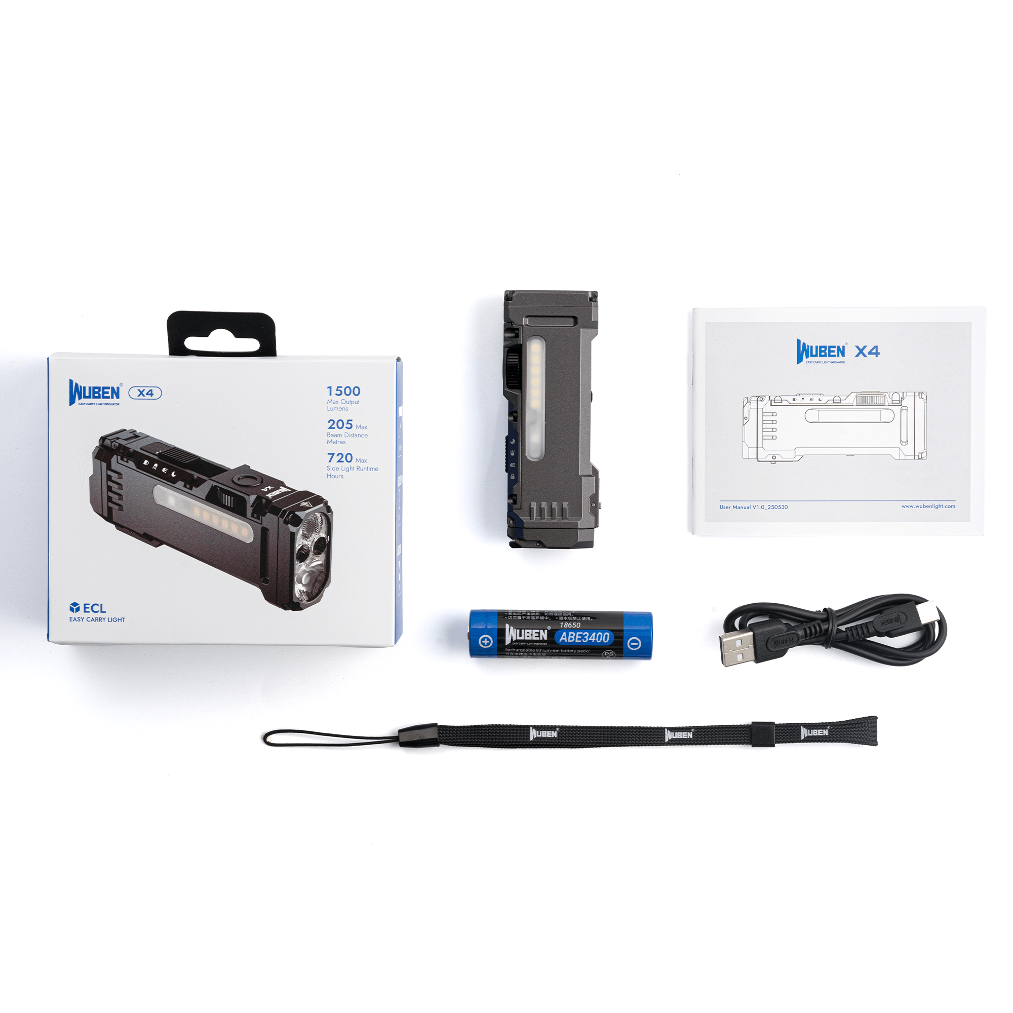 WUBEN X4 lommelygte 1500 lumen med tilbehør, inklusiv batteri, oplader og brugervejledning.