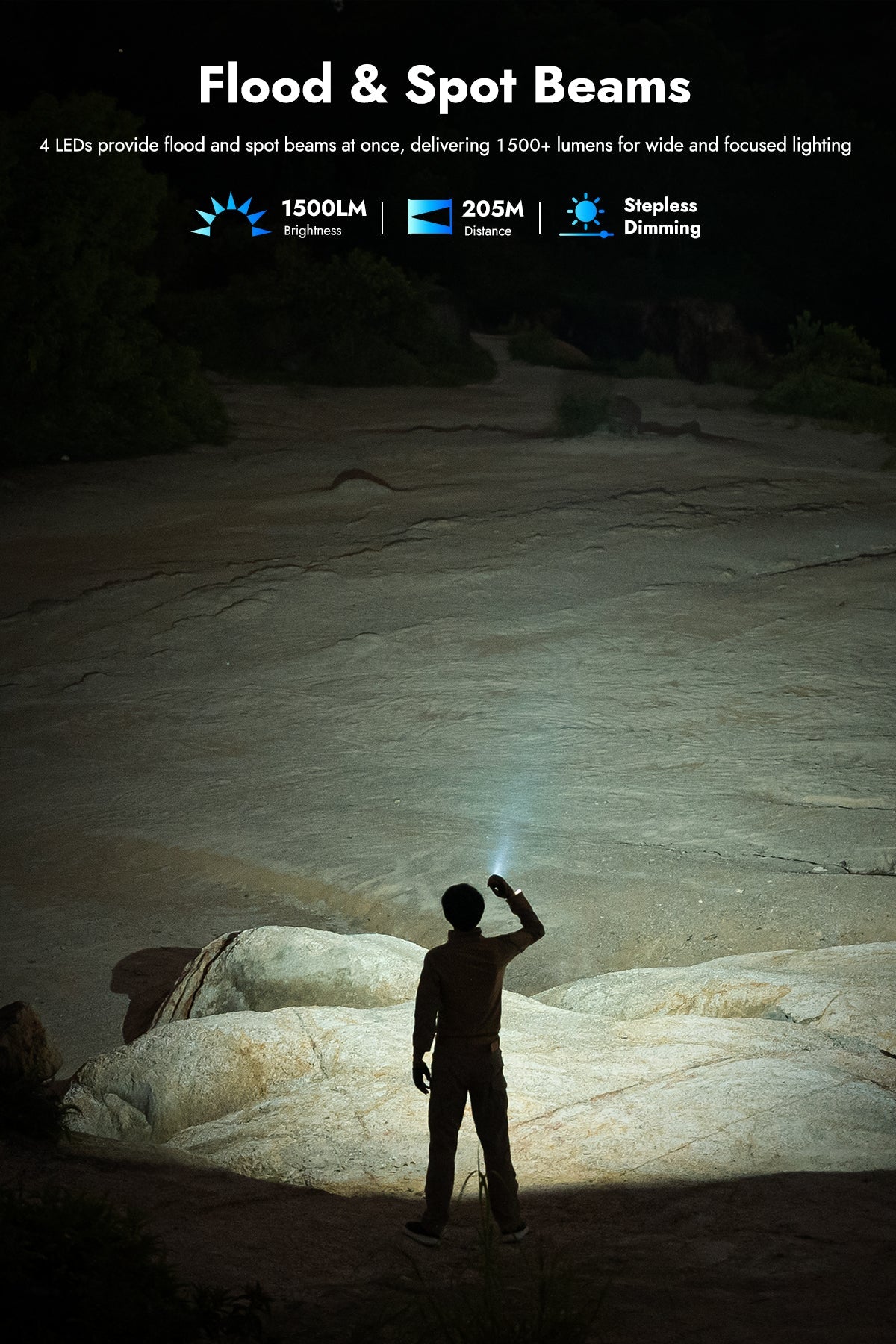 Person der bruger WUBEN X4 lommelygte 1500 lumen til at belyse klipper i mørket med flom og spot beam.